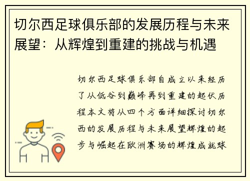 切尔西足球俱乐部的发展历程与未来展望：从辉煌到重建的挑战与机遇