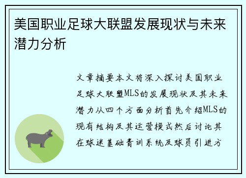 美国职业足球大联盟发展现状与未来潜力分析
