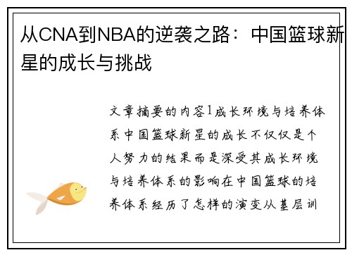 从CNA到NBA的逆袭之路：中国篮球新星的成长与挑战