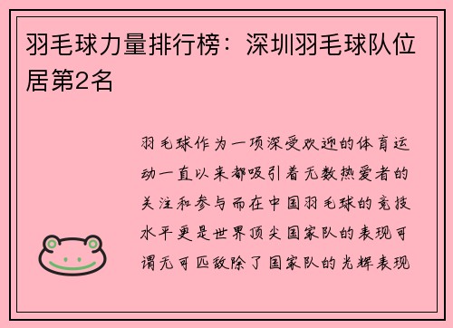 羽毛球力量排行榜：深圳羽毛球队位居第2名