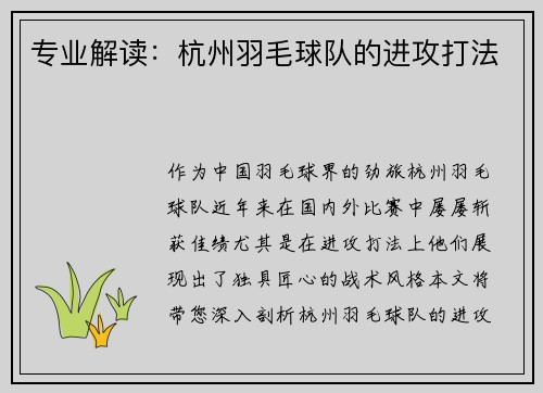 专业解读：杭州羽毛球队的进攻打法