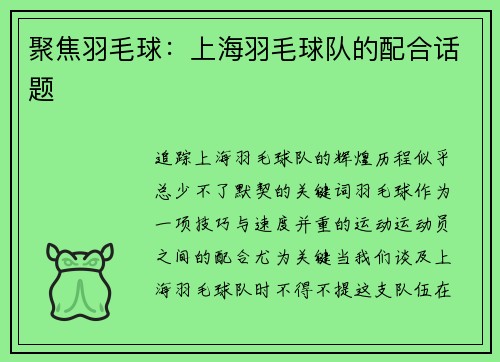 聚焦羽毛球：上海羽毛球队的配合话题