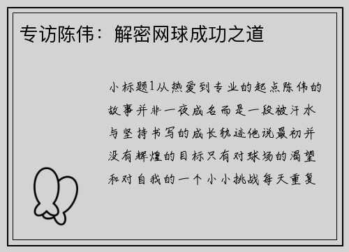 专访陈伟：解密网球成功之道